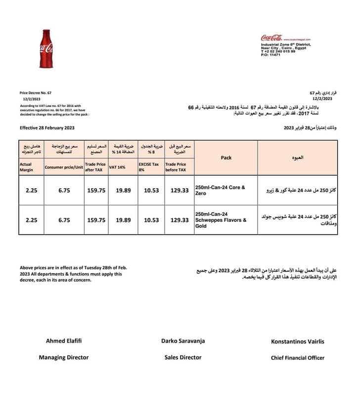 أسعار كوكاكولا وشويبس، البيان الإقتصادي نيوز 