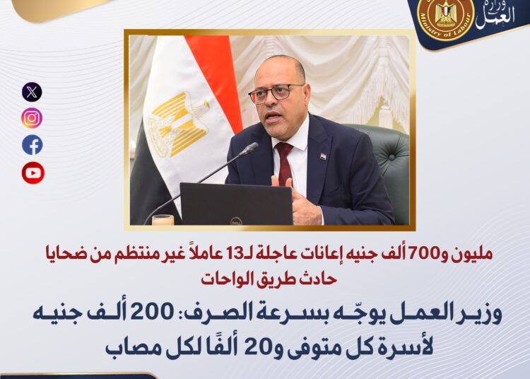 مليون و700 ألف جنيه إعانات عاجلة لـ13 عاملًا غير منتظم من ضحايا حادث طريق الواحات