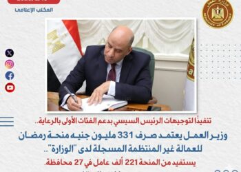 331 مليون جنيه منحة رمضان للعمالة غير المنتظمة المسجلة بوزارة العمل
